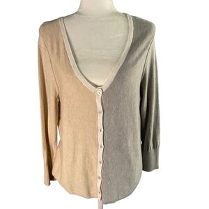 Margaret O'Leary Two-Tone Gray Tan Color Block V-Neck Button-Up Cardigan Size L
